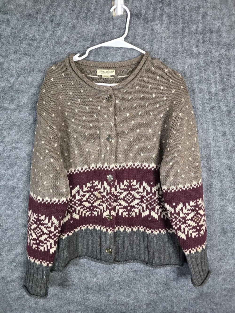 Eddie Bauer Sweater Womens M Multicolor Wool Fair Isle Cardigan Holes Stains
